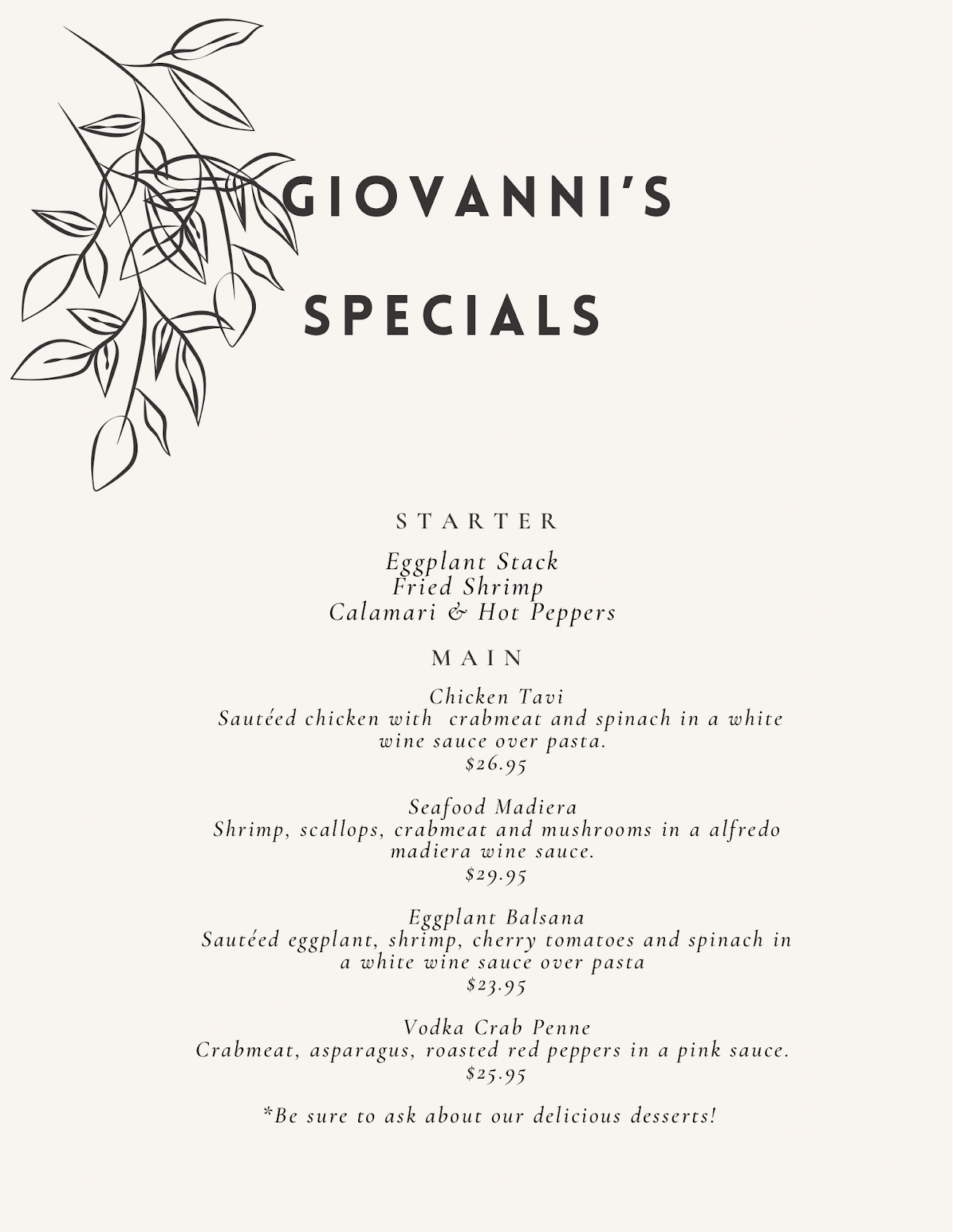A menu for giovanni's specials.